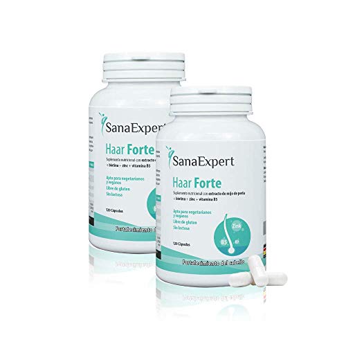SanaExpert Pack X2 Haar Forte, Suplemento Capilar para el Crecimiento y Fortalecimiento del Pelo con Biotina, Zinc y Mijo de Perla, 120 Cápsulas Pack de 2 unidades(2) SanaExpert Pack X2 Haar Forte, Suplemento Capilar para el Crecimiento y Fortalecimiento del Pelo con Biotina, Zinc y Mijo de Perla, 120 Cápsulas Pack de 2 unidades(2)
