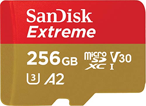 SanDisk Extreme - Tarjeta de Memoria microSDXC de 256 GB con Adaptador SD, A2, hasta 160 MB/s, Class 10, U3 y V30, Oro/Rojo