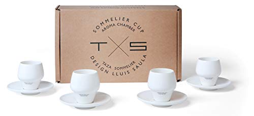 SAULA PREMIUM 4 Tazas Sommelier para café Espresso con cámara de Aroma, con 4 Platos a Juego, Medida Ideal para el Espresso, Porcelana Fina y conservación del Calor y de la Crema Optima.e