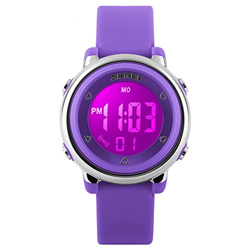 SKMEI Reloj de pulsera digital para niños y niñas, con luz trasera LED, alarma, cronógrafo, color morado