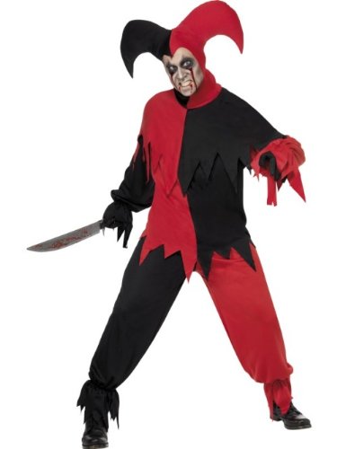 Smiffys Disfraz de bufón de Miedo, Negro y Rojo, con Parte de Arriba, pantalón y Gorro