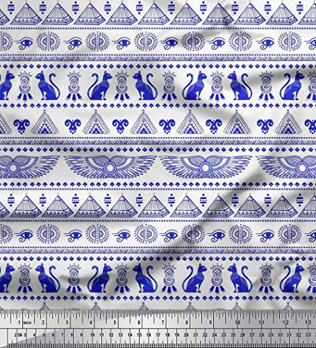 Soimoi Azul crepe poli Tela gato, pirámides y alas egipcio tela estampada de 1 metro 42 Pulgadas de ancho