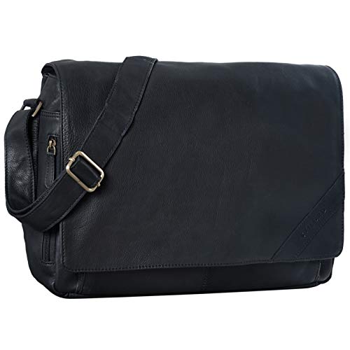 STILORD 'Nick' Bolso de Mensajero Unisex de Cuero Vintage Maletín para portátiles de 15,6' Bolsa de Profesor Universidad Negocios o Bandolera de auténtica Piel, Color:Negro