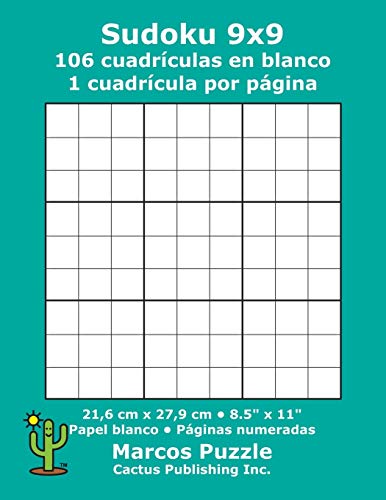 Sudoku 9x9 - 106 cuadrículas en blanco: 1 cuadrícula por página; 21,6 x 27,9 cm; 8,5" x 11"; Papel blanco; Números de página; Number Place; Nanpure; 9 x 9 Plantilla de Puzle
