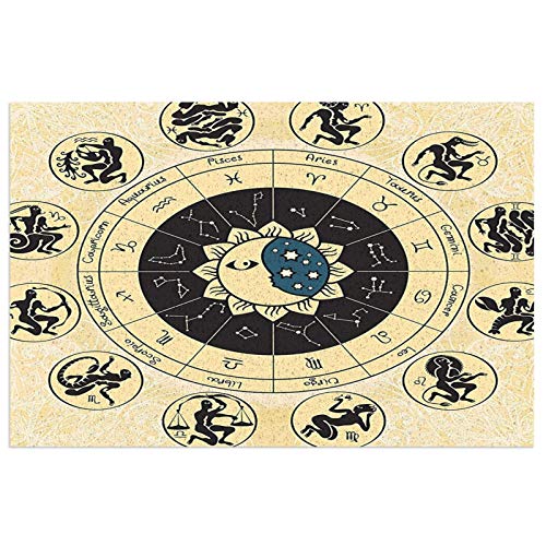 Sun And Moon Zodiac Calendar And Sun Horoscopes With Crescent Moon And Stars Indian Mandala Exquisite Cosmos Cosmic Ivory Black Mats Non Slip Rubber Mat Floor Mats Kitchen Rugs Washable Light Door Mat