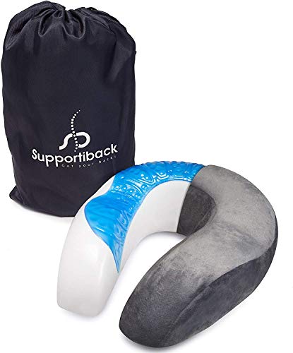Supportiback® Almohada de viaje con bolso de viaje. Espuma de memoria, gel refrigerador, clips ajustables para la estabilidad, funda lavable