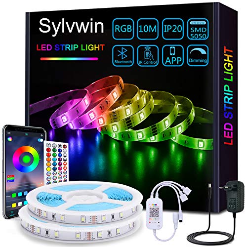 Sylvwin Tiras LED 10m,Tiras de Luces LED 10m RGB con Sincronización Musical,Aplicación Bluetooth y 40 Botones Control Remoto para Sala de Estar / Cocina,Decoración de Dormitorio,Fiesta, Bar ,TV