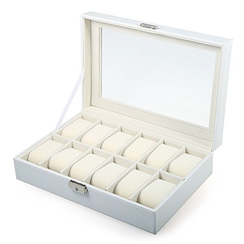 The perseids Cajas de Reloj con 12 compartimentos, Caja de Exhibición con Tapa de Cristal para 12 Relojes en Cuero Sintético de PU (Blanco)