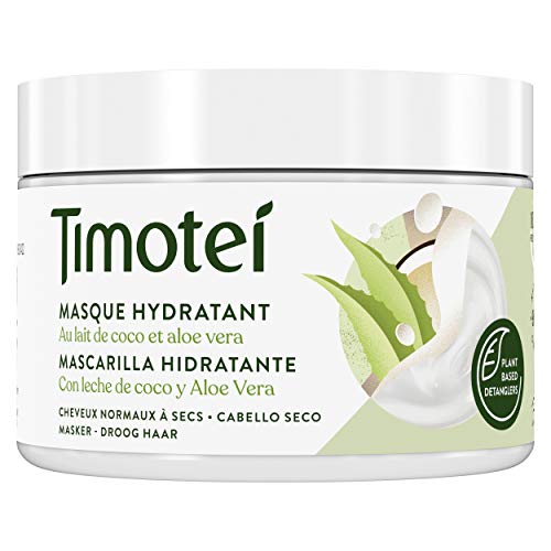 Timotei mascarilla hidratante para cabello seco con leche de coco y aloe vera con desenredantes de origen vegetal, 98% ingredientes de origen natural y sin siliconas 300ml