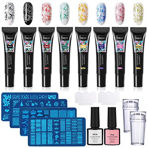 TopDirect 8ml Nail Stamping Gel Polish 8 colores con 4pcs Placas Estampacion Uñas para Manicura + 2pcs 8ml Látex Líquido + 2pcs Stampers + 2pcs Rascador para Arte De Uñas Del Clavo Del Sello Manicura