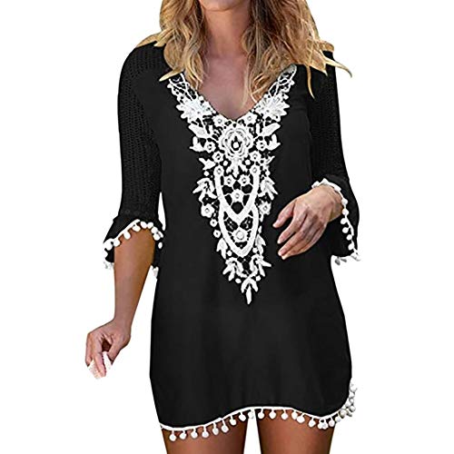 Verano Camisolas y Pareos para Mujer, Dragon868 Blusa Vestido Túnica Crochet de Playa, Traje de Baño de Ganchillo de Encaje con Borlas, Traje de Baño Bikini Cover Up, S-XXL