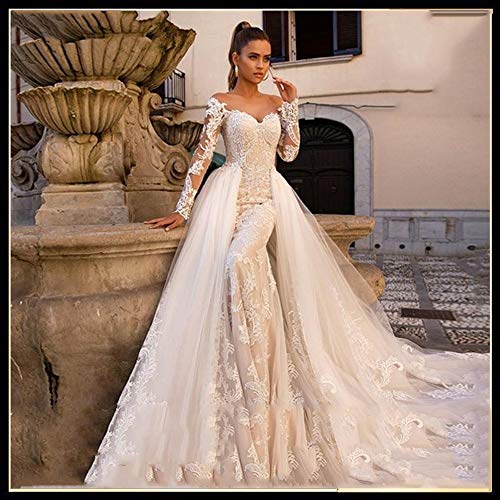 Vestido de novia Vestido de novia de manga larga atractiva de la sirena de boda desmontable de tren 2 en 1 vestidos de boda Vestido de Noiva vestidos novia ( Color : White , US Size : Custom Size )