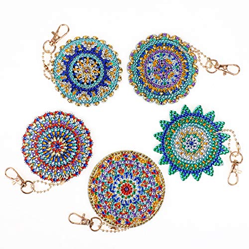 VETPW 5 Piezas 5D DIY Flor de Mandala Colgante Llavero Pintura Diamante, Doble Cara Diamond Painting Keychain Kit Completo Punto de Cruz Diamante Arts Crafts para Mochila Monedero Bolso Decoración