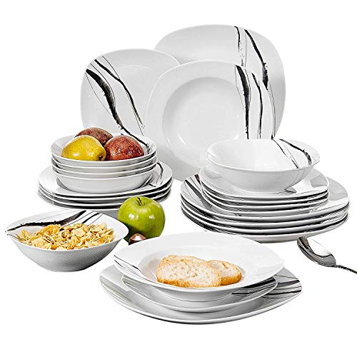 VEWEET Teresa Juegos de Vajillas 24 Piezas de Porcelana con 6 Cuencos de Cereales, 6 Platos, 6 Platos de Postre y 6 Platos Hondos para 6 Personas VEWEET Teresa Juegos de Vajillas 24 Piezas de Porcelana con 6 Cuencos de Cereales, 6 Platos, 6 Platos de Postre y 6 Platos Hondos para 6 Personas