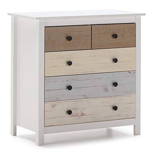 VS Venta-stock Comoda de Noche de 5 cajones en Blanco y cajones Multicolor, Madera Maciza, guías metálicas VS Venta-stock Comoda de Noche de 5 cajones en Blanco y cajones Multicolor, Madera Maciza, guías metálicas