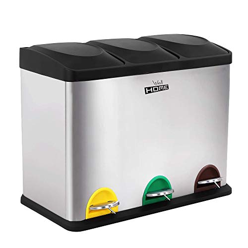 Wellhome Cubo ecológico 3 Compartimentos, Basura/Cubos de Reciclaje, Gran Capacidad, para Papel, Vidrio y Plástico, Ideal para Hogar/Oficina/Interior/Exterior, Cromado, 45 litros (15x3)