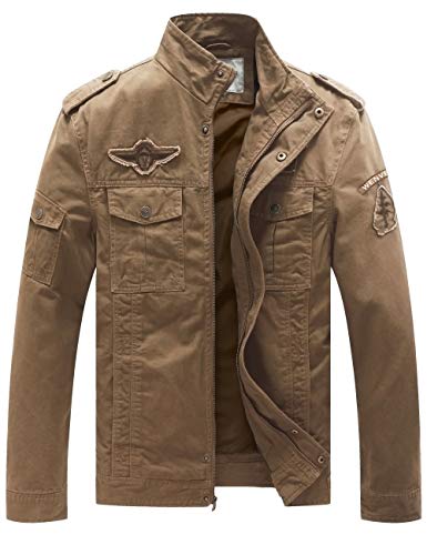 WenVen Chaqueta Militar Otoño Chaqueta de Algodón Clásica al Aire Libre Cazadora Aviador Ligera Entretiempo Chaqueta Cuello Alto Sahariana Invierno Hombres Caqui Medium