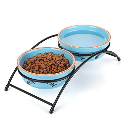 Y YHY Cuenco para Gatos, Cuenco Elevado para Gatos, Cuenco de cerámica para Agua, Cuenco de Porcelana con Soporte de Metal, 355 ml por Cuenco, Regalo para Gato, Cachorro o Perro pequeño, Azul