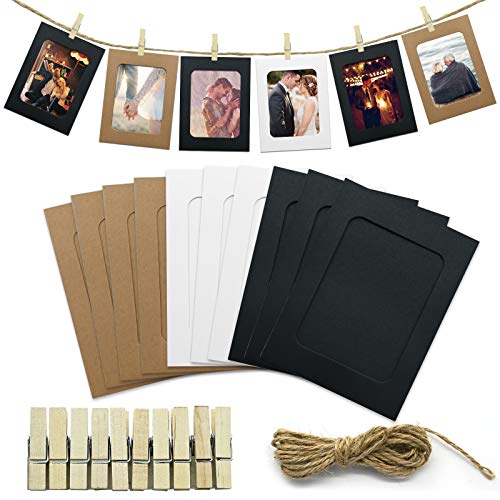10 marcos de fotos de papel de estraza, juego de marcos de fotos múltiples, álbum de fotos DIY con minipinzas de madera y cuerdas de cáñamo para la decoración de pared de casa (3 colores)