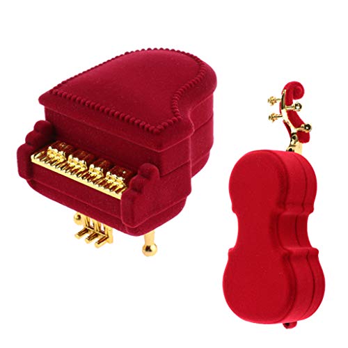 2 Piezas Caja de Terciopelo para Anillos, Caja de Regalo, joyero, Organizador aplicable a Todo Tipo de Joyas,Pendientes De Anillo Accesorios para Baratijas,diseño de Violín Y Piano, Color Rojo