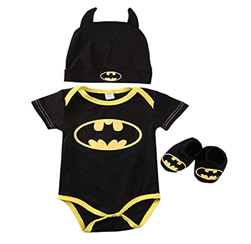 3 Unids Ropa Bebe Verano BEB¨¦S Reci¨¦N Nacidos Bebe Ni?Os Batman Mamelucos Zapatos Trajes De Sombrero Ropa Set BEB¨¦ Fresco Traje De Tela De Batman (Negra A, 90(12-18 Meses))