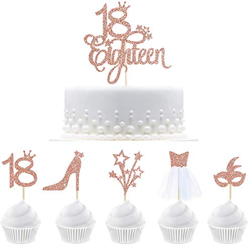 33 piezas de decoración para cupcakes con purpurina de oro rosa 18 18 18 18 cumpleaños con figura 18, máscara, tacones altos, estrellas, vestido de tul 3D para decoración de tartas de 18 cumpleaños