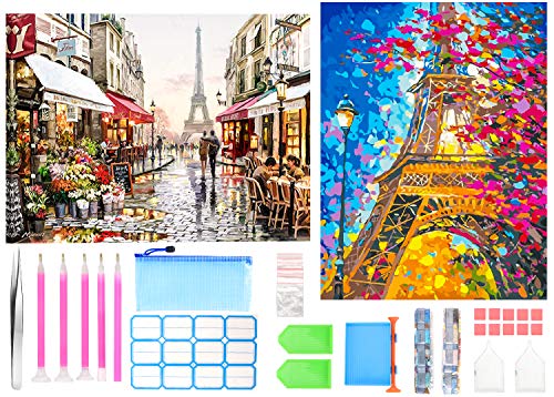 5D Diamante Pintura Kits, 2 Piezas Taladro Completo Bordado de Cristal Pinturas de Diamantes de Imitación, DIY Artesanía con Herramienta para Adultos y Niños Torre Eiffel & Pareja para Decoración