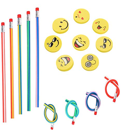 71 piezas Kids Party Bag Set de relleno, Annhao suave flexible Bendy lápices y Emoji Smile Erasers Magic Bend Toys School Fun equipo de papelería Favor suministros, Regalos para Fiestas Infantiles