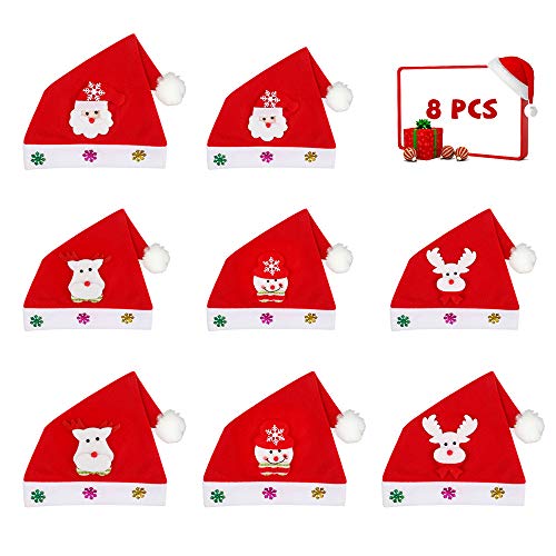 Aipaide Gorros de Navidad 8 Piezas Sombreros de Navidad de 4 Patrones de Papá Noel, Muñeca de Nieve, Reno y Ciervo, Rojo Sombrero de Santa de 2 Tamaños para Adultos y Niños