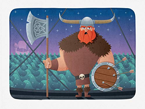 Alfombrilla de baño nórdica, Personaje Vikingo de Dibujos Animados a Bordo del Barco Guerrero intrépido y mar Ondulado, Alfombra de Felpa Decorativa para baño con Respaldo Antideslizante