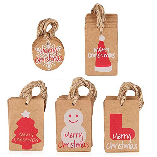 Amaza 100pcs Etiquetas de Papel Kraft Árbol de Navidad Gift Tags con Cerda de Yute Navidad Decoracion Arbol (5 Patrones)