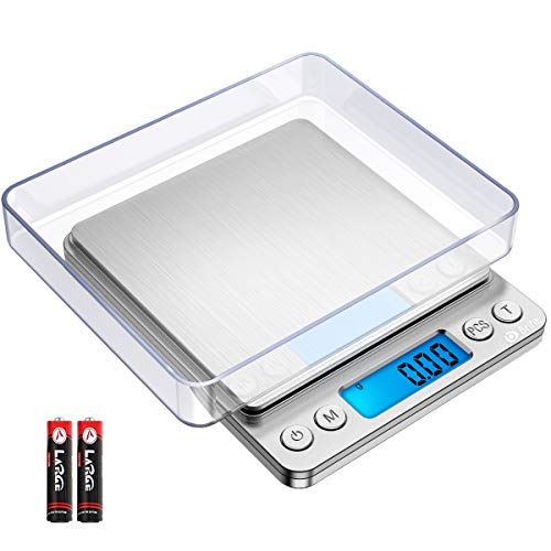 AMIR Bascula Cocina Digital, 500g/0.01g Báscula Digitales de Precisión con Pantalla LCD Retroiluminada, Función De Tara y PCS, Acero Inoxidable (Baterías Incluidas)