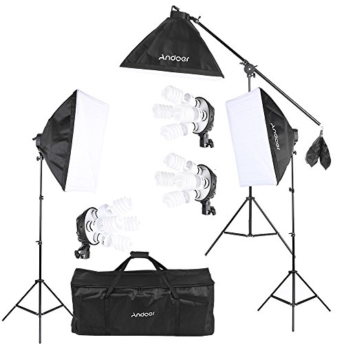 Andoer Softbox Kit de Iluminación para Photo Studio Video, (12)Bombilla 45W (Equivalente a 2400W), (3)Portalámparas 4-en-1, (3)Softbox, (3)Light Stand 200cm, (1)Barra de brazo de suspensión (1)Bolsa