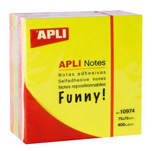 APLI 10974 - Notas adhesivas FUNNY 75 x 75 mm cubo de 400 hojas 4 colores surtidos fluorescente