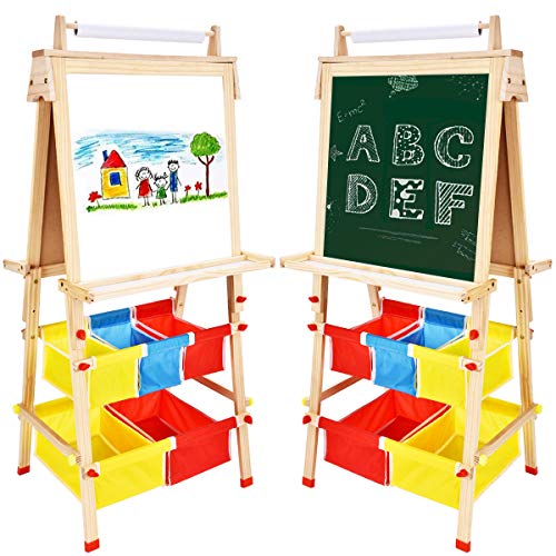 Arkmiido Madera Caballete de para Niños Pizarra,Pizarra de Madera con Rollo Papel,Bolsillos de Almacenamiento y Muchos Accesorios,Juguete Educativo Regalo