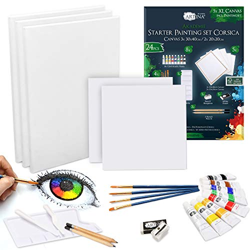 Artina Juego de pintura acrílica y lienzos de 24 piezas Corsica - Set de pintura acrílica con accesorios 5x lienzos, 8x pinturas acrílicas, pinceles, espátula para pintar y set de dibujo Artina Juego de pintura acrílica y lienzos de 24 piezas Corsica - Set de pintura acrílica con accesorios 5x lienzos, 8x pinturas acrílicas, pinceles, espátula para pintar y set de dibujo