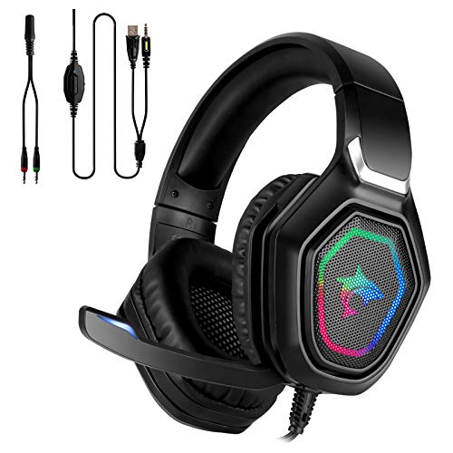 Auriculares para juegos estéreo de primera calidad con micrófono PS4 PC Xbox One, auriculares para juegos estéreo Mac Auriculares para juegos con bajos de 3,5 mm con luz LED.