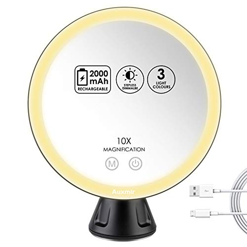Auxmir Espejo Maquillaje con Luz LED 10X Aumento Espejo Cosmético Iluminoso con Ventosa, 360 Rotación, 3 Luces Ajustables Brillo Regulable Recargable Portátil, para Afeitado Maquillaje, Negro Auxmir Espejo Maquillaje con Luz LED 10X Aumento Espejo Cosmético Iluminoso con Ventosa, 360 Rotación, 3 Luces Ajustables Brillo Regulable Recargable Portátil, para Afeitado Maquillaje, Negro