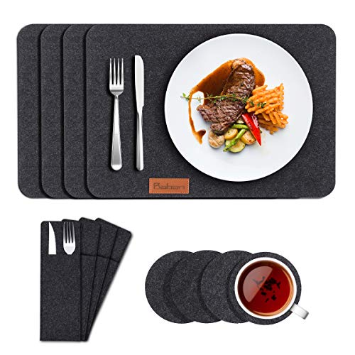 Baban Manteles Individuales, 12 Piezas, Incluidos Bolsillos para Cubiertos y Posavasos, Elegante Material de Fieltro Gris, Fácil de Cuidar, Ideal para Familia y Cena de Trabajo