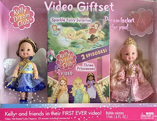Barbie Kelly Dream Club - Juego de regalo con muñeca princesa Kelly, muñeca Chelsie de hada zafiro, 2 episodios, medallón de tamaño infantil con solución de burbujas y más (2002)