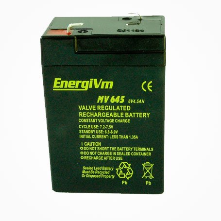 Batería de Plomo AGM (Hermética) Estacionaria, 6 Voltios, 4,5 Amperes, Dimensiones 99x70x47 mm., Terminales Faston, Peso 780 grs.