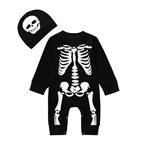 Bebe Niño Halloween Disfraz Esqueleto Peleles de Manga Larga + Sombrero (18 Meses, Negro)