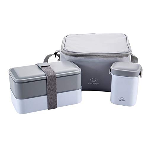 bento box set Lonchera estilo japonés con taza de sopa Contenedor de almacenamiento de alimentos portátil con aislamiento doble sellado Conjunto gris para microondas