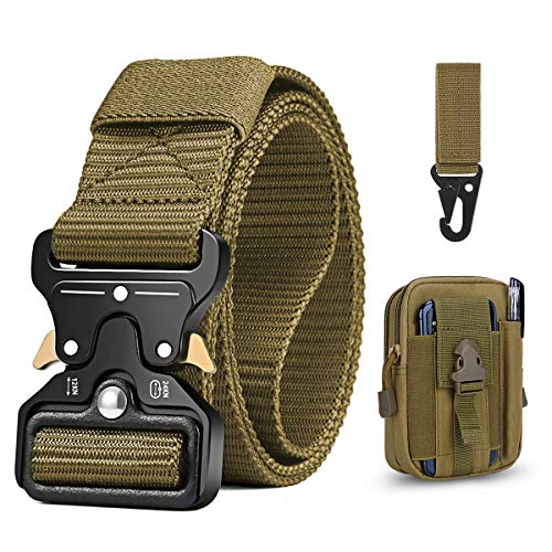 BESTKEE Cinturón táctico para hombres 1.5 pulgadas, estilo militar Cinturón con hebilla con cierre rápido de hebilla de metal, regalo con bolsa táctica Molle y gancho (Beige)