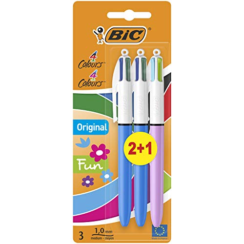 BIC 4 colores Original y BIC 4 colores Fun bolígrafos Retráctiles punta media (1,0 mm) – colores Surtidos, Blíster de 2+1