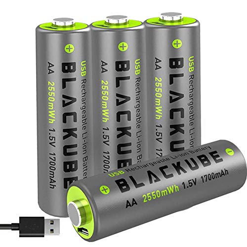 Blackube High Capacity 1700mAh y High out Put 4A-USB Baterías Recargables AA - Batería de Litio/Litio Doble A de 1.5V para una Mejor compatibilidad - Carga rápida con 2 Horas (Paquete de 4 AA)