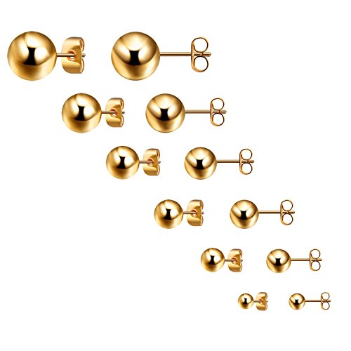 Bliqniq 6 pares de Pendientes Mujer Hombre en forma Bola redondo de moda de Acero inoxidable de 3-8mm oro