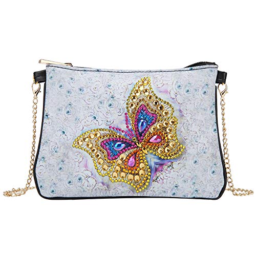 Bolsa de cuero con forma especial de mariposa con diamantes 5D y cadena de cuero para manualidades