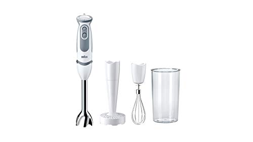 Braun Minipimer 5207 - Batidora de Mano, 1000 W, 21 Velocidades y Función Turbo, Campana Anti-salpicaduras, Powerbell Plus, Easy-Click, Incluye Varillas, Pasapuré, Vaso Medidor de 600 ml, Blanco