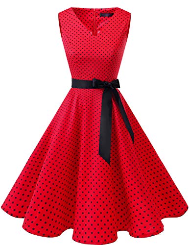 Bridesmay Vestido de Cóctel Fiesta Mujer Verano Años 50 Vintage Rockabilly Sin Mangas Pin Up Red Small Black Dot XL